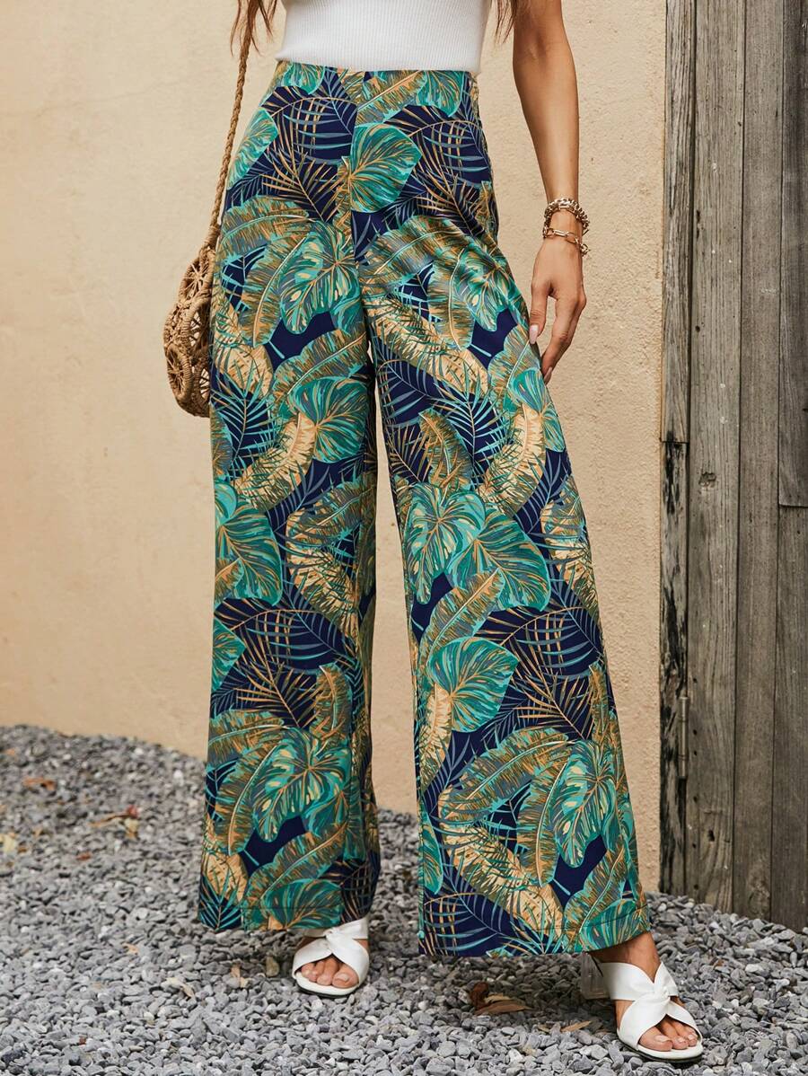SHEIN VCAY 熱帶圖案闊腿褲 - 黑色 - 查看 1