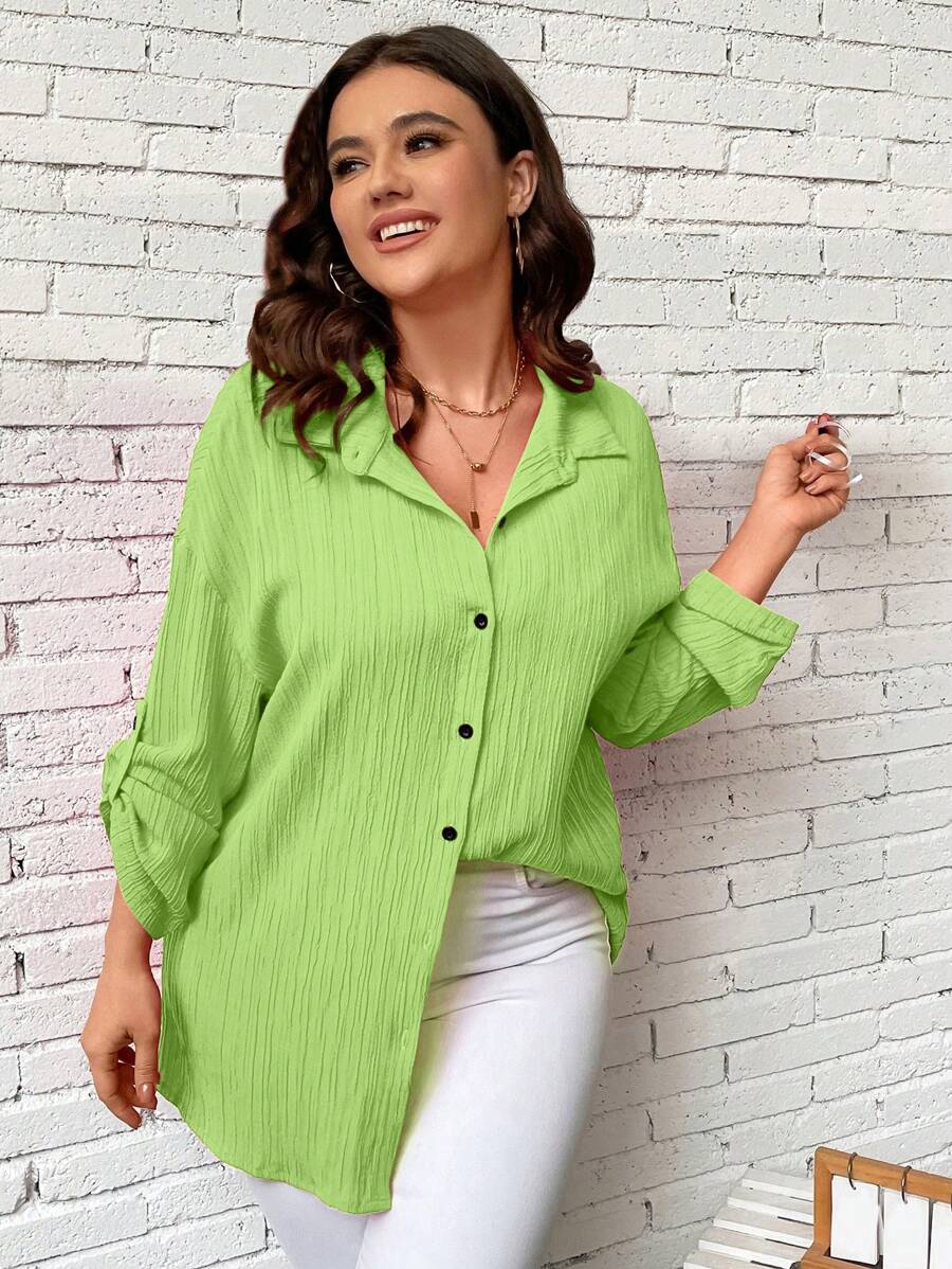 Calvaya Áo sơ mi Plus Size Nút phía trước màu trơn Giải trí - màu xanh lá - Xem 1