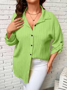 Calvaya Áo sơ mi Plus Size Nút phía trước màu trơn Giải trí - màu xanh lá - Xem 3