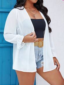 SHEIN Holidaya Plus Flounce Sleeve Open Front Coat - White - View 3