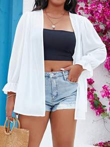 SHEIN Holidaya Plus Flounce Sleeve Open Front Coat - White - View 5