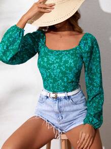 EURMUSE Ditsy Floral Print Lantern Sleeve Blouse - Green - View 1
