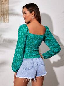 EURMUSE Ditsy Floral Print Lantern Sleeve Blouse - Green - View 2