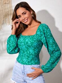 EURMUSE Ditsy Floral Print Lantern Sleeve Blouse - Green - View 3