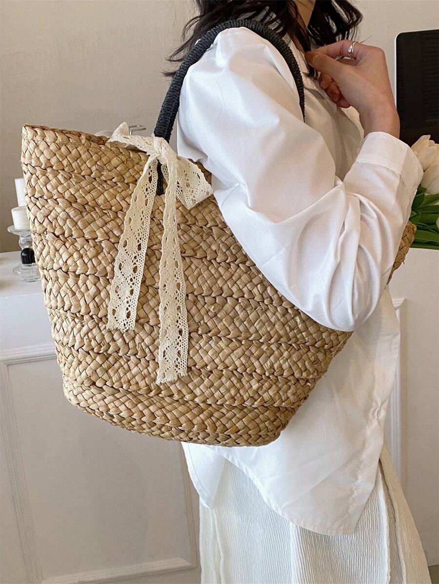 大容量草編包雙把手絲巾裝飾 - 卡其色 - 查看 1