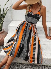 SHEIN VCAY Đầm Thắt lưng Tách cao Chấm bi Sọc Boho - Nhiều màu - Xem 1