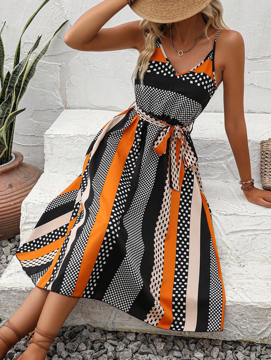SHEIN VCAY Đầm Thắt lưng Tách cao Chấm bi Sọc Boho - Nhiều màu - Xem 1