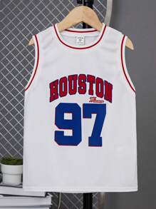 SHEIN Tween Boy Letter Graphic Contrast Trim Basketball Jersey - White - View 1