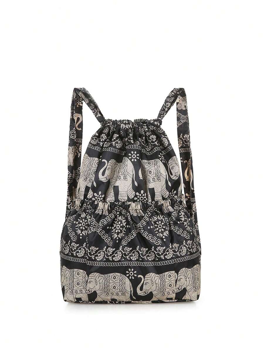 Totem Elephant Printed Women's Drawstring Backpack - Multicolor - View 1