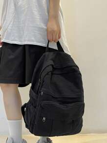 時尚休閒女純色雙肩包大容量簡約風格百搭單肩包適合國中高中大學生原宿風 - 黑色 - 查看 5