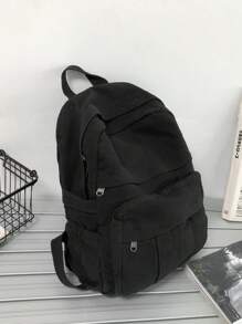 時尚休閒女純色雙肩包大容量簡約風格百搭單肩包適合國中高中大學生原宿風 - 黑色 - 查看 6