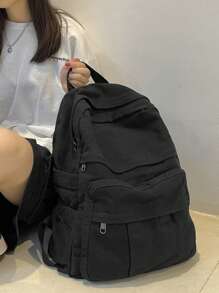 時尚休閒女純色雙肩包大容量簡約風格百搭單肩包適合國中高中大學生原宿風 - 黑色 - 查看 8