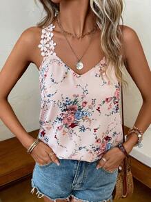 SHEIN LUNE 印花拼接水溶蕾絲寬帶上衣 - 粉色 - 查看 3