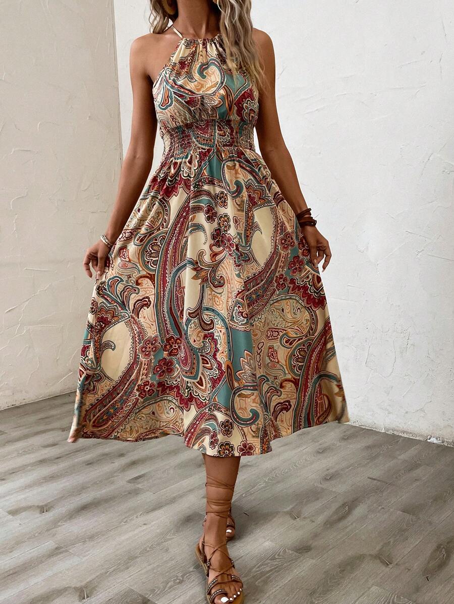 SHEIN VCAY 佩斯利印花繞頸連衣裙 - 彩色 - 查看 1