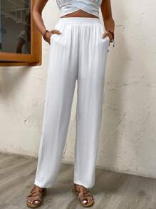 SHEIN LUNE 素色斜口袋長褲 - 白色 - 查看 3