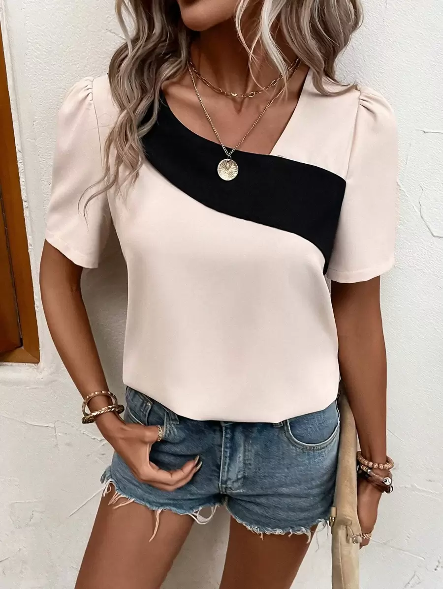 SHEIN Clasi 撞色不對稱領泡泡袖襯衫 - 彩色 - 查看 1