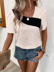 SHEIN Clasi 撞色不對稱領泡泡袖襯衫 - 彩色 - 查看 4