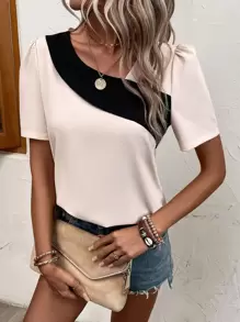 SHEIN Clasi 撞色不對稱領泡泡袖襯衫 - 彩色 - 查看 6