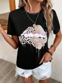 SHEIN LUNE 豹紋和嘴唇印花T恤 - 黑色 - 查看 1