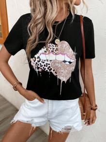 SHEIN LUNE 豹紋和嘴唇印花T恤 - 黑色 - 查看 6