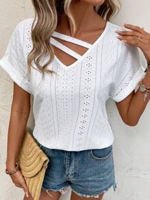 SHEIN LUNE Áo thun nữ Cắt ra Tranh thêu màu trơn Giải trí - trắng - Xem 4