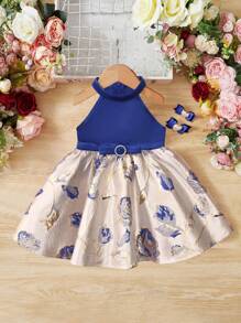 SHEIN 嬰兒印花O形環細節掛脖連衣裙 - 彩色 - 查看 1