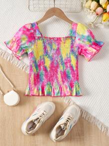 SHEIN 女孩紮染方領泡泡袖荷葉邊襯衫 - 彩色 - 查看 1