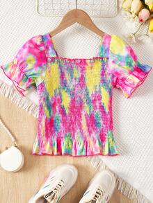 SHEIN 女孩紮染方領泡泡袖荷葉邊襯衫 - 彩色 - 查看 3