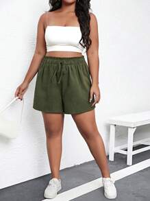SHEIN Holidaya Shorts de pierna ancha de cintura con cordón - Verde militar - Ver 1