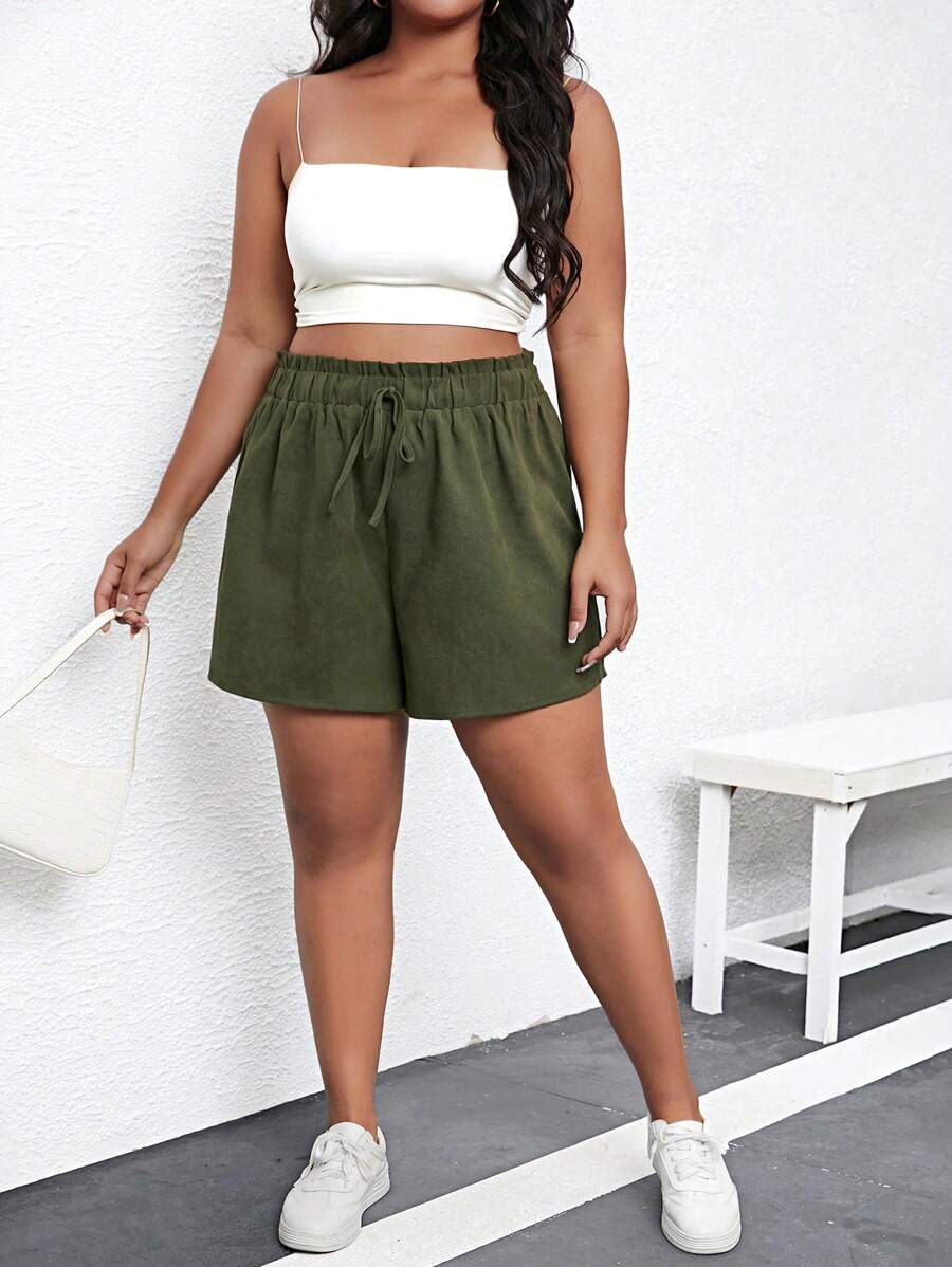 SHEIN Holidaya Shorts de pierna ancha de cintura con cordón - Verde militar - Ver 1