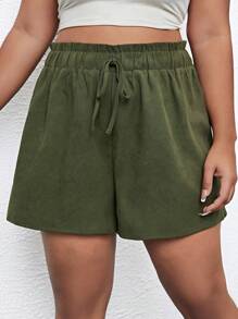 SHEIN Holidaya Shorts de pierna ancha de cintura con cordón - Verde militar - Ver 3
