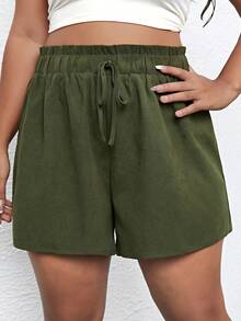 SHEIN Holidaya Shorts de pierna ancha de cintura con cordón - Verde militar - Ver 5