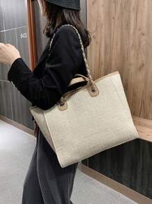 Large Capacity Top Handle Bag Contrast Binding - White - View 4