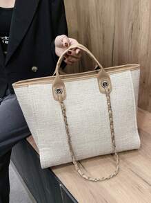 Large Capacity Top Handle Bag Contrast Binding - White - View 6