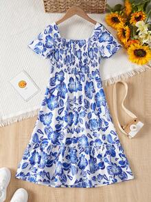 SHEIN Chicas Vestido con estampado floral de cuello cuadrado bajo con fruncido sin cinturón - Azul y blanco - Ver 2