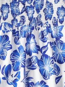 SHEIN Chicas Vestido con estampado floral de cuello cuadrado bajo con fruncido sin cinturón - Azul y blanco - Ver 3