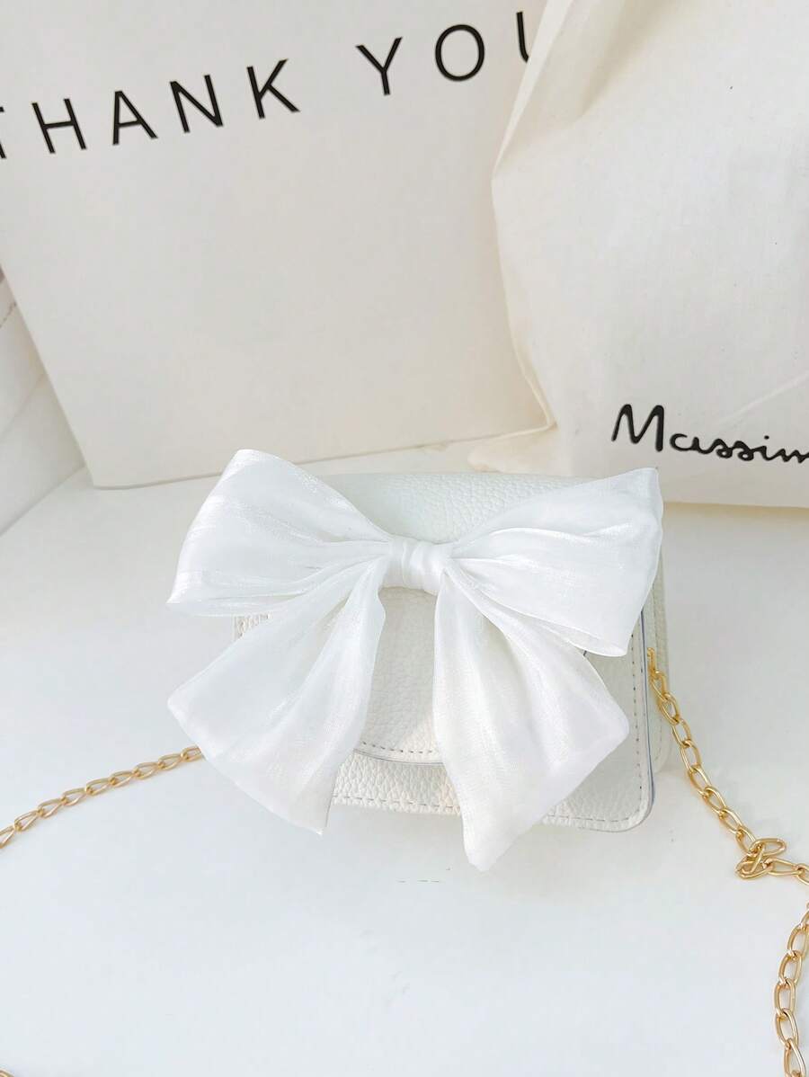 纯色蝴蝶结儿童单肩包可爱女童链条包迷你花朵装饰pu包单肩包配饰口红包 - 白色 - 查看 1