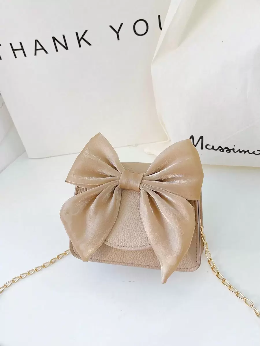 Solid Color Bow Tie Kids' Crossbody Bag, Cute Girls' Chain Bag Mini Pu Handbag With Flower Decoration, Shoulder Bag - Khaki - View 1