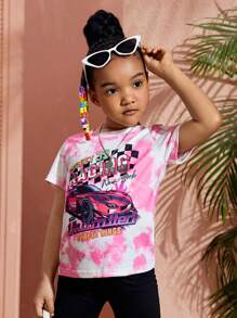 SHEIN 女小童紮染汽車印花競技T恤,常規短袖,小圓形翻領,夏天