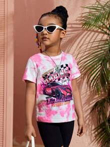 SHEIN 女小童紮染汽車印花競技T恤,常規短袖,小圓形翻領,夏天