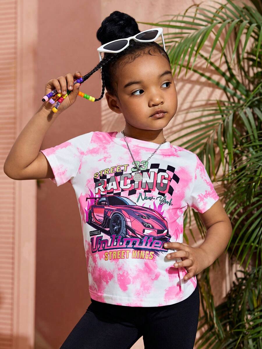 SHEIN 女小童紮染汽車印花競技T恤,常規短袖,小圓形翻領,夏天