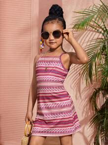 SHEIN Cô Gái Trẻ Hình học Mô hình Kỳ nghỉ Đầm Với Dây đai mỏng Cho mùa hè - Nhiều màu - Xem 1