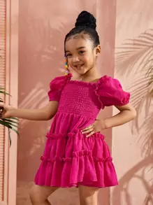 SHEIN 女小童玫瑰紅色素色假期可愛街頭服飾洋裝帶方形領口和泡泡袖適合夏天 - 玫紅色 - 查看 3