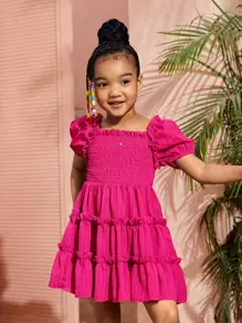 SHEIN 女小童玫瑰紅色素色假期可愛街頭服飾洋裝帶方形領口和泡泡袖適合夏天 - 玫紅色 - 查看 4