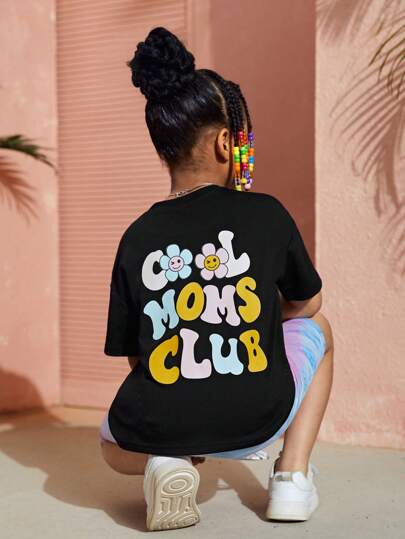 SHEIN 女小童黑色卡通字母圖案休閒基本款T恤帶圓領和短袖適合夏天