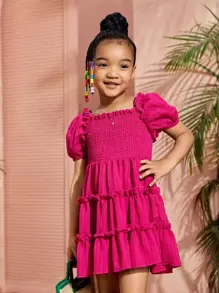 SHEIN 女小童玫瑰紅色素色假期可愛街頭服飾洋裝帶方形領口和泡泡袖適合夏天 - 玫紅色 - 查看 6