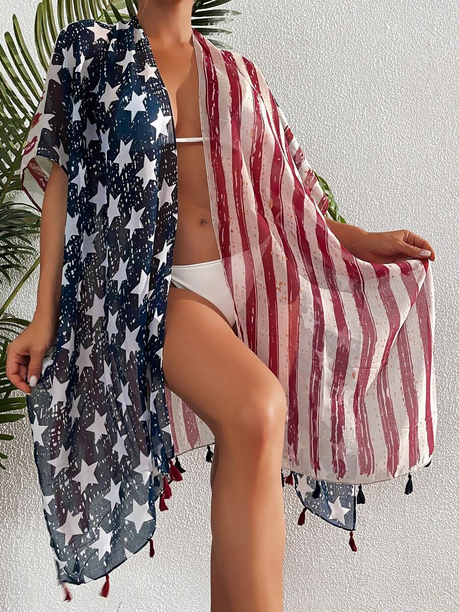 美国风情美国国旗印花流苏边和服，7 月 4 日