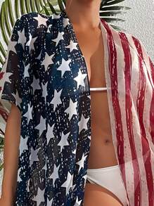 美国风情美国国旗印花流苏边和服，7 月 4 日