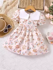 Toddler Girls Floral Print Statement Collar Puff Sleeve Dress - Apricot - View 1