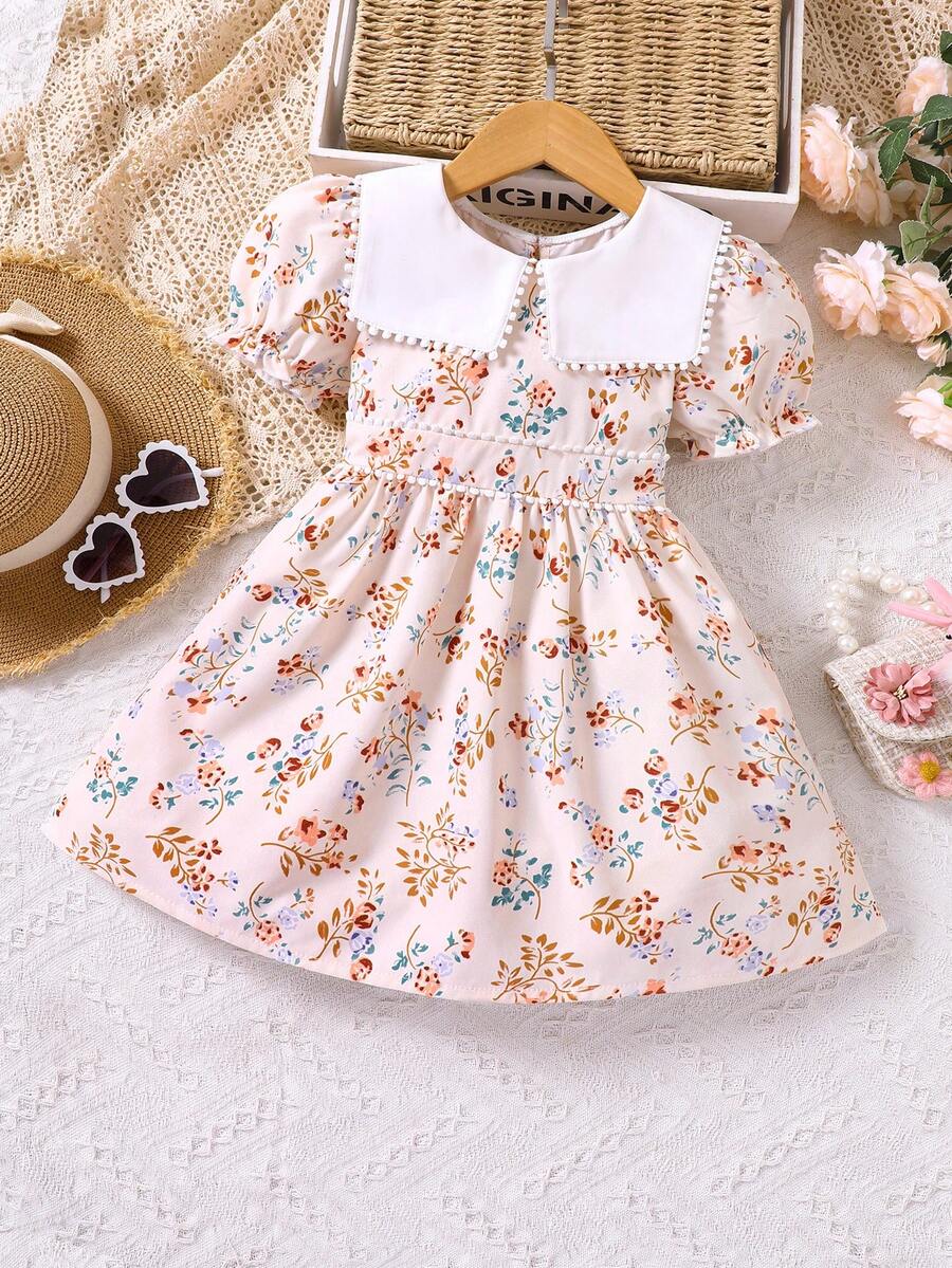 Toddler Girls Floral Print Statement Collar Puff Sleeve Dress - Apricot - View 1